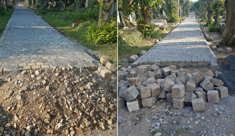 Na olomouckém hřbitově se opravují chodníky. Použije se dlažba po rekonstrukci ulice 1. máje