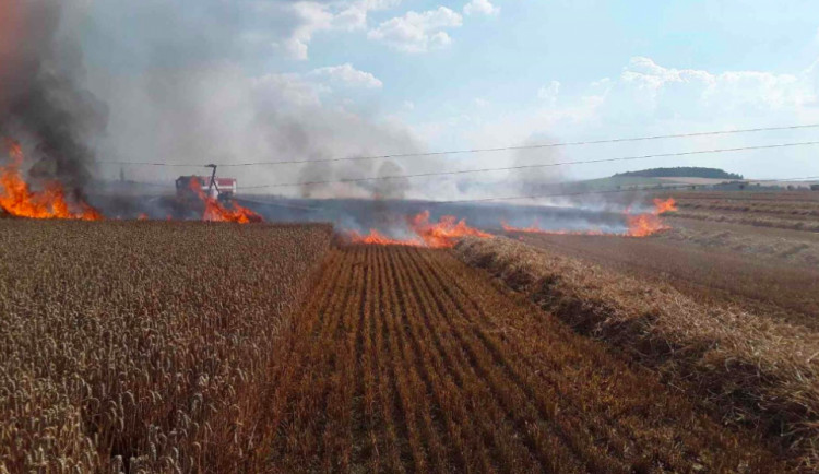 Čtyři jednotky hasičů se potýkaly požárem pole. Oheň vznikl po pádu drátů elektrického vedení