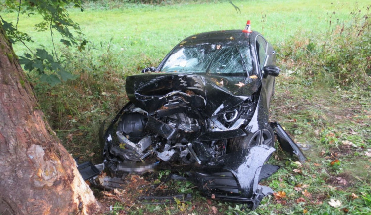 Řidič dostal se svým autem v zatáčce smyk a čelně narazil do stromu. Zranil se on i spolujezdec