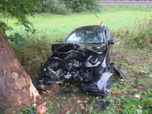 Řidič dostal se svým autem v zatáčce smyk a čelně narazil do stromu. Zranil se on i spolujezdec