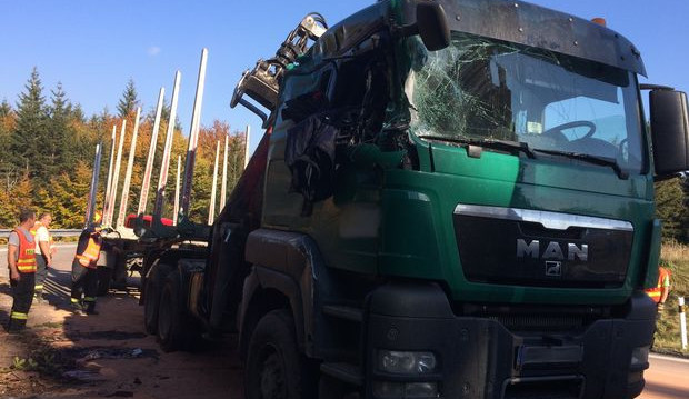 Řidič náklaďáku převážející dřevo havaroval. Vznikla škoda za tři čtvrtě milionu