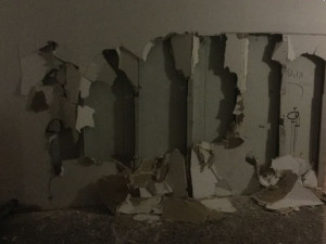 Skupina mladíků poničila sádrokartonovou zeď v chodbě domu na Dolním náměstí