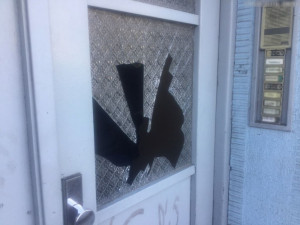 Vandal včera v ulici Dobrovského rozbil skleněnou výplň u vchodových dveří domu