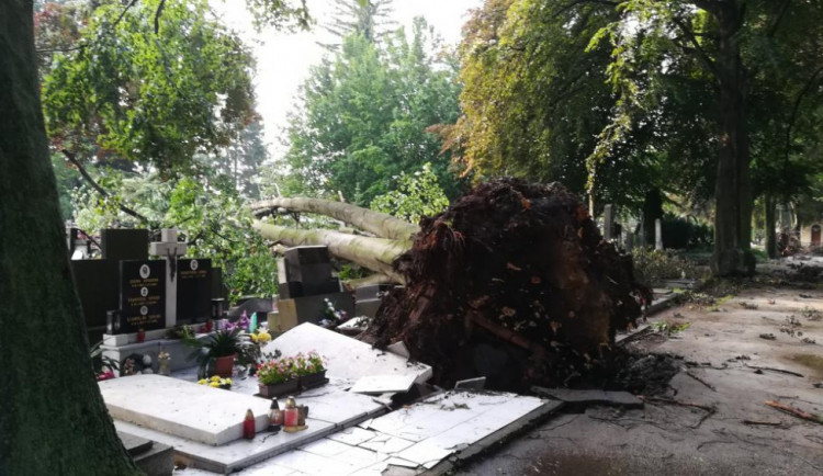 Desítky hrobů na prostějovském hřbitově jsou po včerejší bouřce poničeny