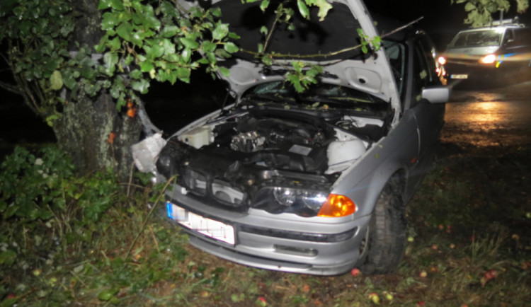 Alkoholem posilněný řidič nezvládl jízdu na mokré vozovce a naboural do stromu
