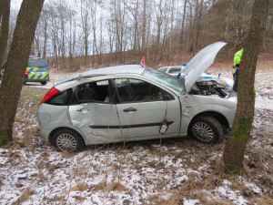 Řidička na Šumpersku na namrzlé vozovce dostala smyk a narazila do stromu