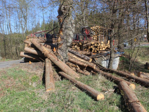 Řidič při projíždění zatáčkou převrátil přívěs s dřevěnými kládami