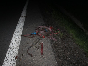 Upínací pásy ležící na dálnici D46 poškodily sporťák a dva kamiony. Jednomu z nich prorazily nádrž