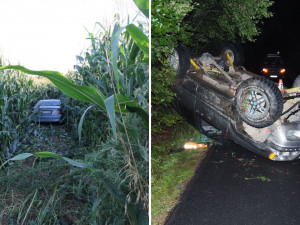 VIDEO: Řidiči se pokusili policistům ujet od kontroly. Jeden skončil v poli, druhý na střeše v příkopu